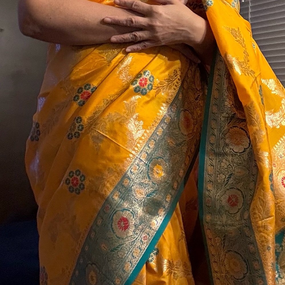 Yellow Floral Banarasi-Style Saree with Teal Border
